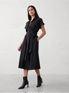 Banana Republic Black Short-Sleeve Cotton Poplin Midi Shirt Dress Waist Tie Med